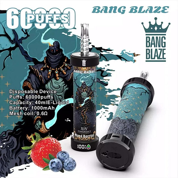 Two cylindrical Bang Blaze disposable vape devices with teal fantasy artwork and clear mouthpieces, shown with strawberries and blueberries and overlaid branding and specs indicating ‘Mixed Berries’ flavor, 60000 puffs, 40ml e-liquid and 1000mAh battery.