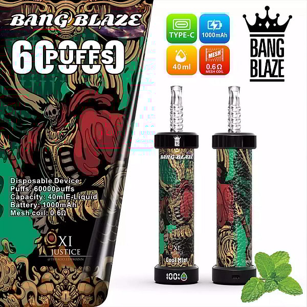 Two Bang Blaze disposable vape devices with ornate red-and-green skeleton/dragon artwork shown alongside packaging and brand logos, technical icons (Type‑C, 1000 mAh, 40 ml, 0.6 Ω mesh coil), and a sprig of mint.