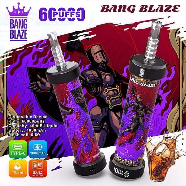Two cylindrical Bang Blaze disposable vape devices with purple-and-red flame artwork and clear ribbed mouthpieces shown on black bases against a stylized armored character background, with branding, '60000 puffs' text and icons indicating 40 ml capacity, Type‑C charging and 1000 mAh battery.