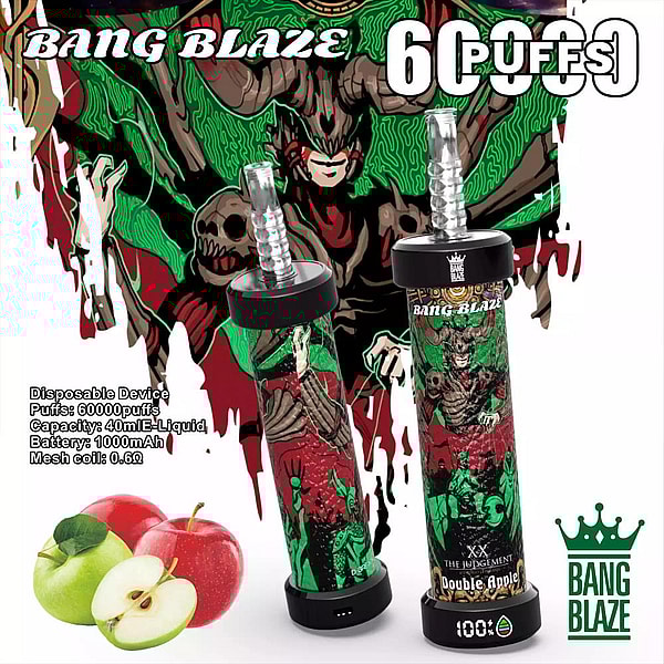Two cylindrical Bang Blaze disposable vape devices labeled Double Apple featuring green-and-red demon and skull artwork, large '60000 puffs' and Bang Blaze branding, shown with red and green apples, product specs (40 ml e-liquid, 1000 mAh battery) and a crown logo against a matching graphic background