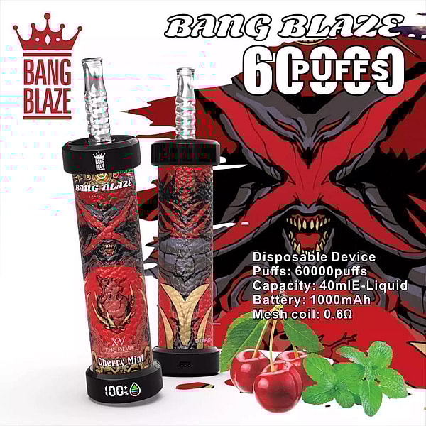 Two Bang Blaze disposable vape devices with red-and-black devil artwork and clear mouthpieces, shown alongside cherries and mint leaves and text noting 60,000 puffs, 40ml e-liquid capacity and a 1000mAh battery.