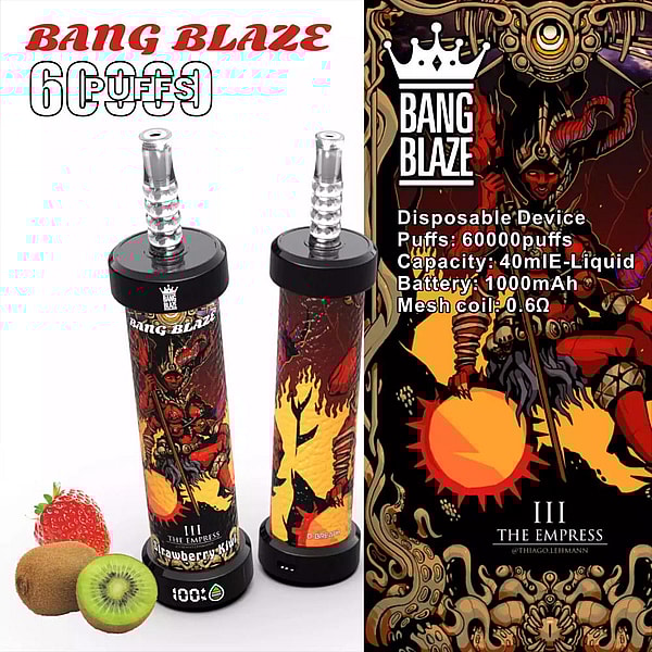 Two cylindrical Bang Blaze disposable vape devices with ornate red-and-gold 'The Empress' artwork, shown next to a strawberry and sliced kiwi, with adjacent product text listing specs such as 60000 puffs, 40 mL e-liquid, 1000 mAh battery and 0.6Ω mesh coil.