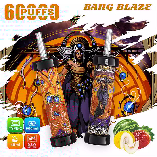 Two orange-and-blue patterned disposable vape devices labeled Bang Blaze and Wheel of Fortune Watermelon Strawberry Melon set against a dramatic fantasy illustration of a winged armored figure, with tech icons (Type‑C, 1000mAh, 40ml, 0.6Ω mesh coil) and watermelon, melon and strawberry fruit graphics.