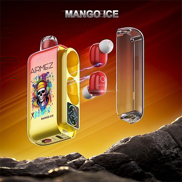 Bright yellow 'Mango Ice' wireless earbud charging case with a colorful skull graphic and a transparent lid floating beside it, two red earbuds emitting blue charging sparks against a warm orange gradient sky over a rocky foreground, with MANGO ICE text at the top.