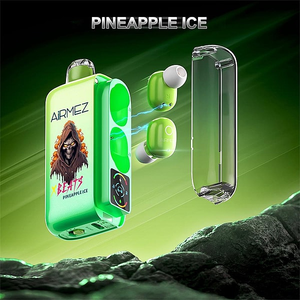 Bright green 'Pineapple Ice' wireless earbuds and matching charging pod with a transparent lid floating over a rocky foreground; earbuds are shown with blue charging sparks and the case features 'AIRMEZ' branding and a hooded skull graphic.