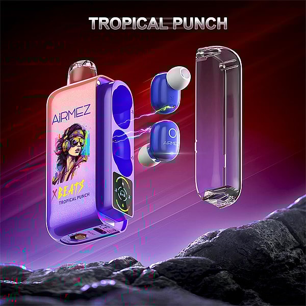 Vibrant product shot showing a purple-pink Airmez charging case with tropical-themed artwork and X Beats Tropical Punch text, two blue wireless earbuds linked to their slots by electric green energy, a transparent lid floating nearby, and a metallic TROPICAL PUNCH title over a diagonal-gradient sky above a rocky foreground.