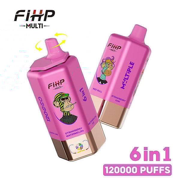 Two pink metallic FIIP MULTI disposable vape devices with rose-gold bases, cartoon ape illustrations and flavor names like Strawberry Watermelon and Strawberry Kiwi on their bodies, a yellow rotation-arrow near a mouthpiece, and a prominent 6 in 1 120000 PUFFS label on a white background