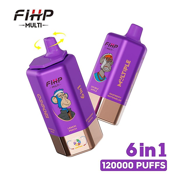 Two purple FIHP Multi disposable vape devices with rose-gold bases and cartoon monkey illustrations, one showing a rotating mouthpiece with yellow arrows, labeled 6 in 1 and 120000 PUFFS and listing flavors such as lemon peach, double apple and raspberry watermelon