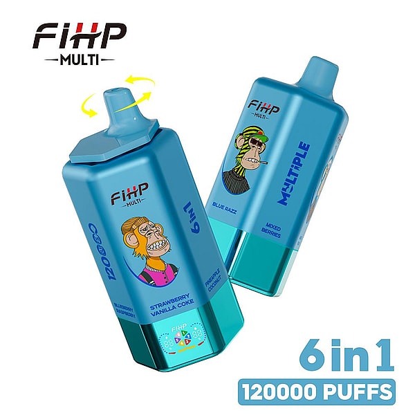 Two sky-blue rectangular disposable vape devices labeled FIHP MULTI featuring cartoon ape illustrations, flavor names like Strawberry Vanilla Coke and Blue Razz, a rotating mouthpiece arrow graphic, and bold text reading 6 in 1 120000 puffs