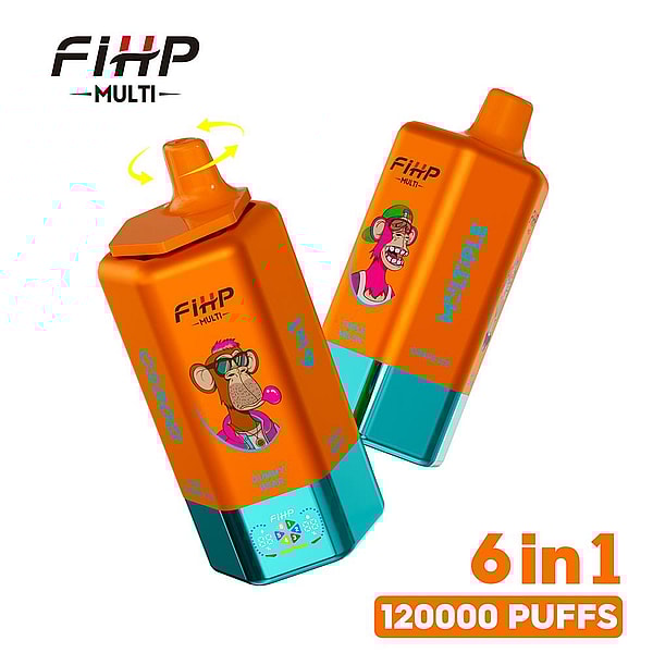 Two orange-and-teal rectangular FIHP Multi vape devices with cartoon ape illustrations and a rotating mouthpiece icon, accompanied by bold text reading “6 in 1 120000 PUFFS”.