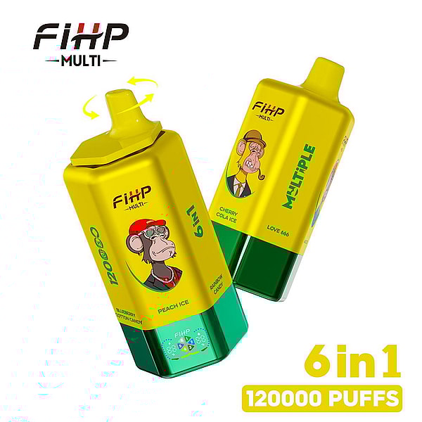 Two bright yellow rectangular disposable vape devices with green bases, branded FIHP MULTI and decorated with cartoon monkey portraits and flavor names, shown on a white background with bold 6in1 120000 PUFFS text.
