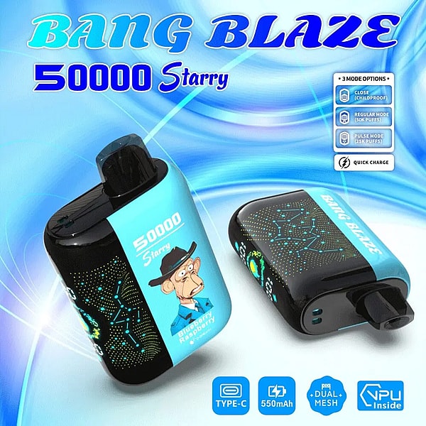 Two blue-and-black Bang Blaze 50000 'Starry' disposable vape devices with constellation dot patterns and a cartoon monkey label, shown on a wavy blue background with small icons indicating Type-C, 550mAh battery, dual mesh and mode options.