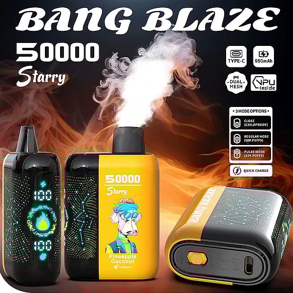 Promotional image of a yellow-and-black BANG BLAZE 50000 Starry disposable vape shown front, side and bottom, one emitting vapor and labeled Pineapple Coconut with a cartoon monkey, LED indicators and icons for Type‑C, 550mAh, dual-mesh, quick charge and three mode options against a smoky orange background.