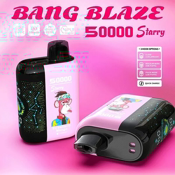 Two pink-and-black rectangular disposable vape devices with a cartoon monkey and '50000 Starry' branding and 'Strawberry Mango' flavor text, shown on a pink background with icons for modes, battery and quick charge.