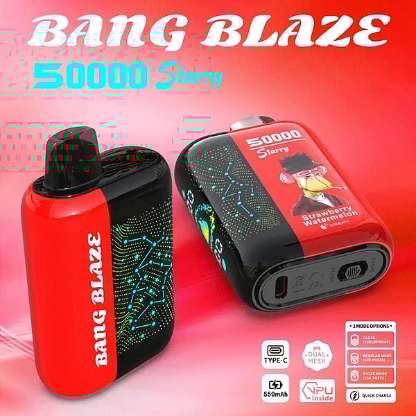 Two compact red-and-black Bang Blaze 50000 Starry vape devices on a red gradient background, one standing and one on its side showing a label with a cartoon monkey and “Strawberry Watermelon” flavor, turquoise constellation-style dot pattern on the black panels, and small icons for Type‑C, 550mAh battery, VPU inside and mode/charging features.