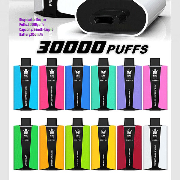 Two rows of colorful 'Bang King 30K Pro' disposable vape devices displayed under a large '30000 PUFFS' headline, with a close-up mouthpiece and color-coded units representing different flavors.