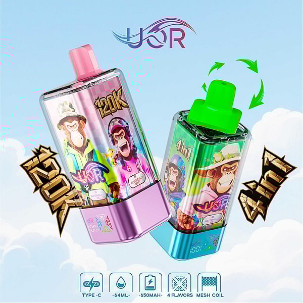 Two colorful disposable vape devices with cartoon monkey graphics—one pink labeled 120K and one blue-green labeled 4in1 with a green rotating mouthpiece—set against a cloudy sky, with icons showing Type-C charging, 64 mL capacity, 650 mAh battery, four flavors and a mesh coil.