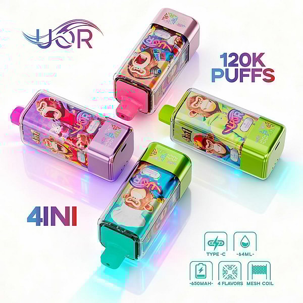 Four colorful rectangular vape devices with playful monkey graphics arranged in a star pattern, accompanied by bold text '120K PUFFS' and '4IN1' and small icons indicating Type‑C charging, 64 ml, 650 mAh, 4 flavors and mesh coil.