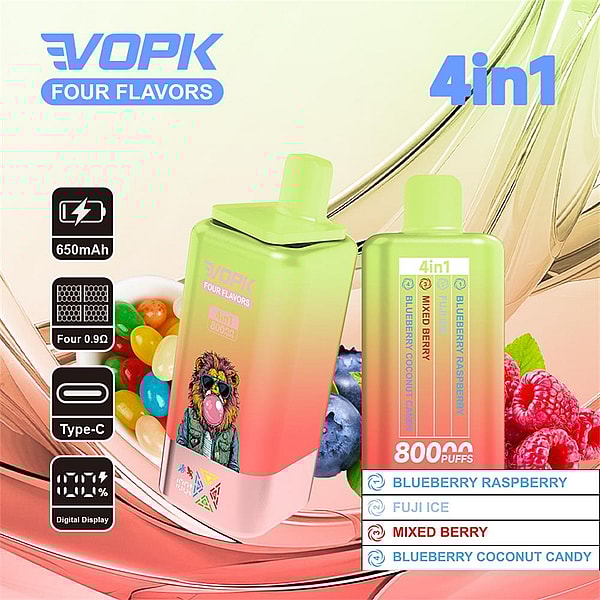 緑色からピンク色の VOPK Four Flavors 4-in-1 使い捨て VAPE デバイス 2 台 (800 パフ) は、650mAh、4 つの 0.9Ω コイル、Type‑C 充電、デジタル ディスプレイのアイコンで示され、フレーバーを表すブルーベリー、ラズベリー、キャンディーで囲まれています。ブルーベリー ラズベリー、フジ アイス、ミックス ベリー、ブルーベリー ココナッツ キャンディー。.