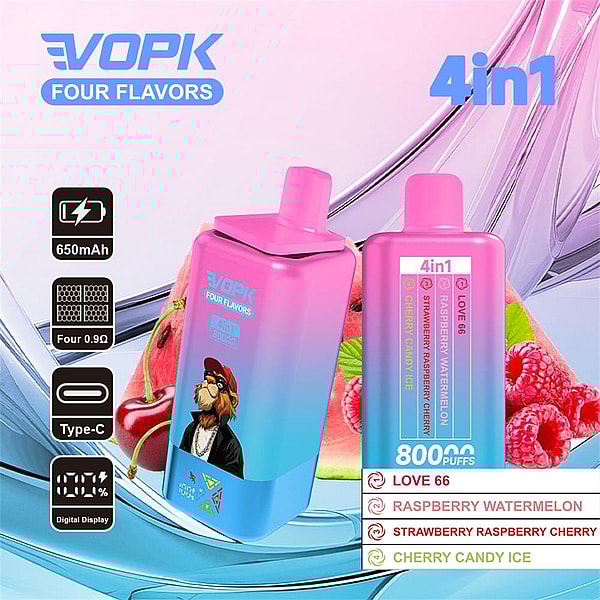 カラフルなピンクからブルーのグラデーションの広告。2 台の VOPK 4-in-1 使い捨て VAPE デバイス (1 台には犬の漫画のグラフィックが描かれている) がスイカ、ラズベリー、チェリーの上に配置され、650mAh バッテリー、Type-C 充電、デジタル ディスプレイ、800 パフのアイコンと、フレーバー リスト (Love 66、ラズベリー スイカ、ストロベリー ラズベリー チェリー、チェリー キャンディ アイス) が表示されています。.