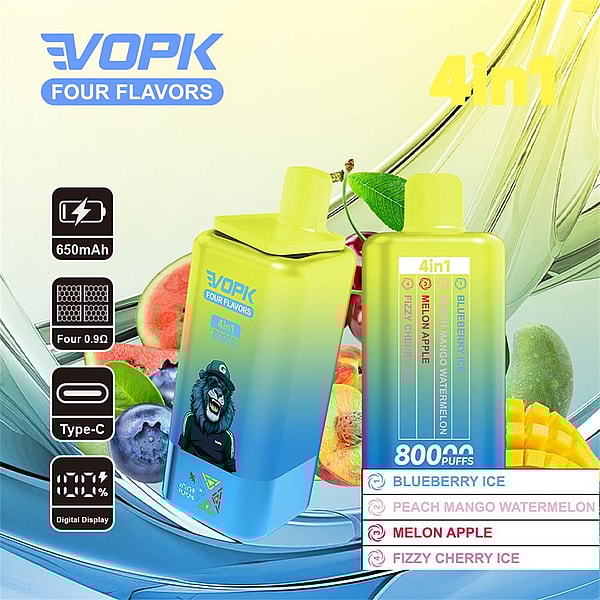 黄色から青のグラデーションの VOPK 4-in-1 使い捨て VAPE デバイス。ゴリラの漫画が描かれており、650mAh バッテリー、Type-C 充電ポート、デジタル ディスプレイ、800 パフ、4 つのフレーバー: ブルーベリー アイス、ピーチ マンゴー スイカ、メロン アップル、フィジー チェリー アイスが表示されます。.