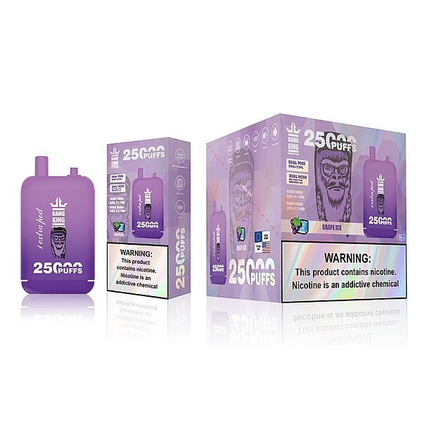Purple rectangular disposable vape device with a crown logo and "25,000 puffs" branding displayed next to two matching retail boxes labeled Grape Ice and showing a prominent nicotine warning.