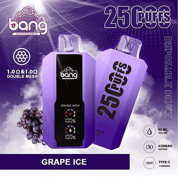 Two purple Bang disposable vape devices, one front-facing with a display and one turned to show '25 PUFFS', set on a smoky purple background with a grape cluster and icons indicating 30 mL, 650 mAh battery and Type‑C charging, labeled 'Grape Ice'.