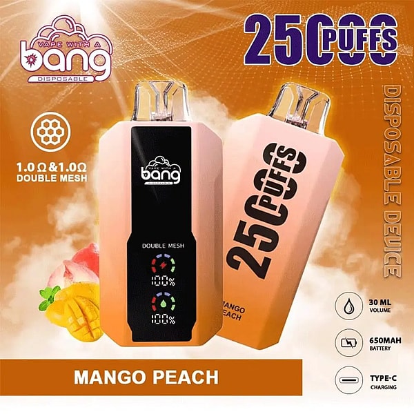 Two peach-orange disposable vape devices on an orange background featuring a central black display with the 'bang' logo and battery indicators, large '25 Puffs' branding, mango and peach fruit illustrations, and labels reading Mango Peach flavor, double mesh (1.0Ω & 1.0Ω), 30 ml volume, 650 mAh battery and Type-C charging.