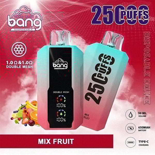 Two gradient turquoise-to-pink disposable 'Bang' vape devices on a red background, one showing '25 Puffs' and 'Double Mesh', with fruit images and icons indicating 30 mL volume, 650 mAh battery, Type-C charging and the flavor 'Mix Fruit'.