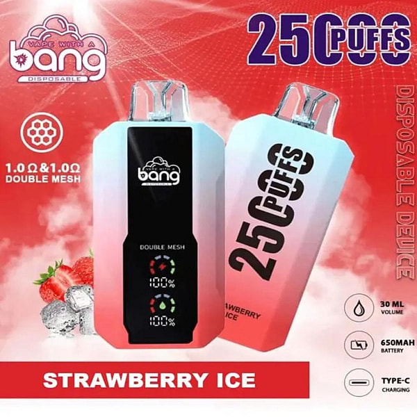 Two pink-to-white gradient disposable vape devices on a red background, one showing a black display with percentage indicators and the other printed with large '25 PUFFS' and 'bang' branding, surrounded by strawberry and ice imagery and text/icons reading STRAWBERRY ICE, DOUBLE MESH, 1.0Ω, 30 ml, 650 mAh, and Type-C charging.