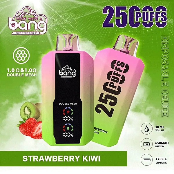 Two pink-to-green gradient disposable Bang vape devices side by side—one front-facing with a black panel reading “double mesh” and battery indicators, the other tilted with large “25 puffs” text—set against a green smoky background with strawberry and kiwi illustrations, icons for 30 mL volume, 650 mAh battery and Type‑C charging, and a green banner reading “Strawberry Kiwi.”
