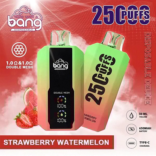 Two gradient green-to-pink Bang disposable vape devices — one facing forward with a black display labeled 'double mesh' and battery indicators, the other turned to show a large '25 PUFFS' label — set against a red background with strawberries and a watermelon slice and a banner reading 'STRAWBERRY WATERMELON' with small icons for 30 ml volume, 650 mAh battery, and Type-C charging.