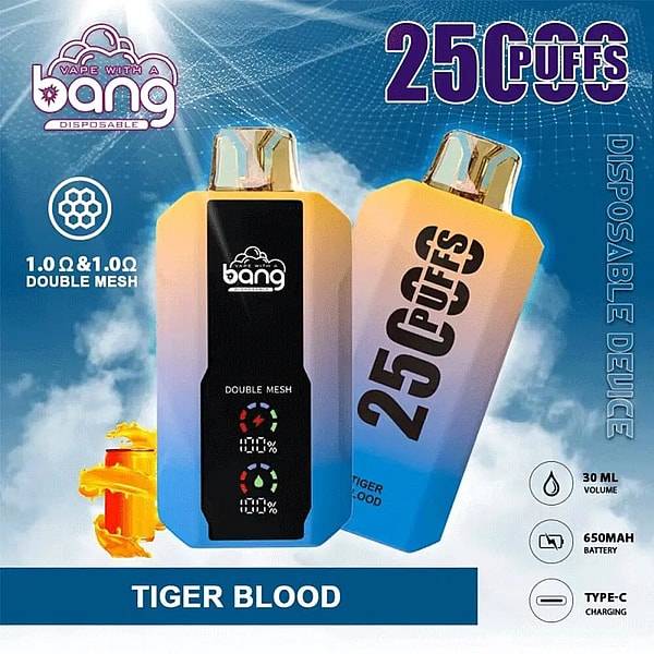 Promotional image of two gradient yellow-to-blue disposable vape devices with a central black panel showing double-mesh indicators, the brand name 'bang', large '25 PUFFS' text, 'Tiger Blood' flavor label, and small icons noting 30 mL volume, 650 mAh battery and Type-C charging against a cloudy blue background.