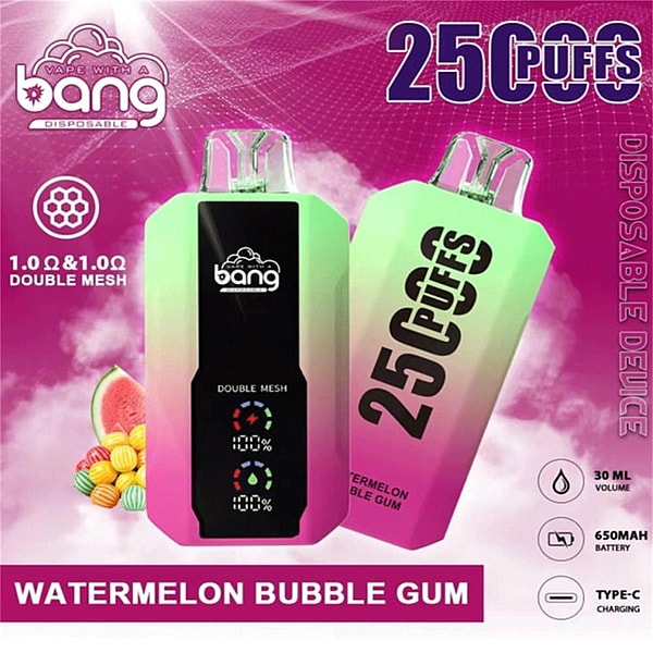 Two gradient green-to-pink Bang disposable vape devices on a pink smoky background labeled '25 Puffs', with 'Watermelon Bubble Gum' flavor banner and icons for double-mesh, 30 ml volume, 650 mAh battery and Type-C charging.