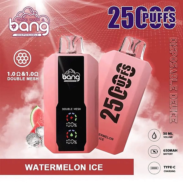 Two pink disposable Bang vape devices against a red smoky background, one showing a black front panel with the Bang logo, double-mesh label and LED indicators and the other tilted with large “25 puffs” text, accompanied by a watermelon slice and ice cubes and small icons noting Watermelon Ice flavor, 1.0Ω double mesh, 30 ml, 650 mAh and Type-C charging.