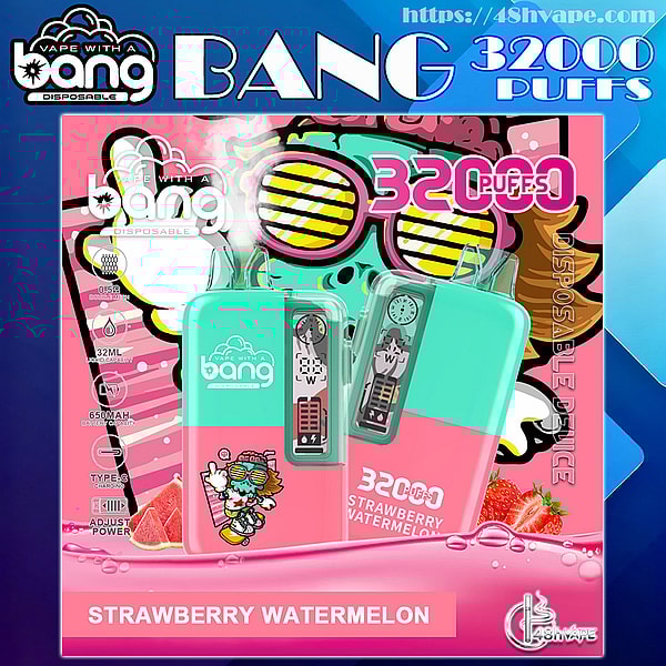 Colorful packaging for a Bang disposable vape featuring two mint-teal and pink devices, bold "32000 PUFFS" text, a "Strawberry Watermelon" flavor label, a cartoon character wearing shutter shades, and strawberry and watermelon illustrations.