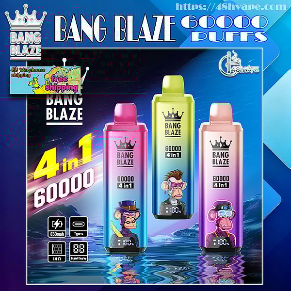 Three colorful Bang Blaze disposable vape pens (pink, lime, and rose-gold) labeled 60000 and 4 in 1 with cartoon ape illustrations, prominent '4 in 1 60000' text, brand logos and a 'free shipping' EU shipping badge on a glossy blue gradient promotional background.