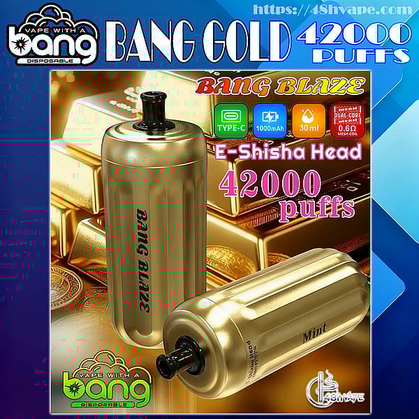 Two metallic gold cylindrical disposable vape devices labeled "Bang Blaze" and "Mint" displayed on stacked gold bars with bold text reading "Bang Gold 42000 puffs" and icons showing Type‑C, 1000mAh battery and 30 ml capacity.