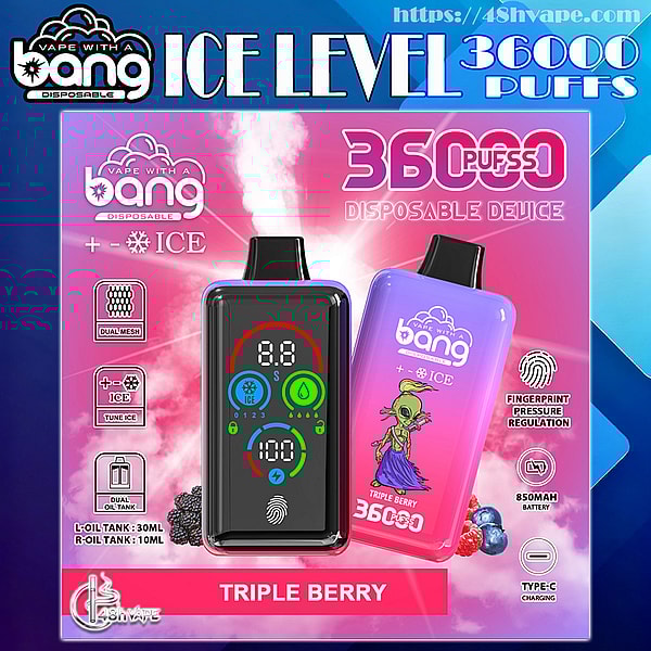 Promotional ad for Bang Ice Level disposable vape showing two devices—a black unit with a digital front display and a purple-pink Triple Berry unit with alien artwork—highlighting 36,000 puffs, 'ICE' cooling, fingerprint pressure regulation, 850mAh battery, and Type-C charging.