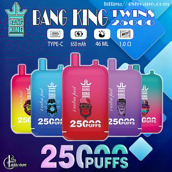 Colorful arrangement of five Bang King Twins 25000 disposable vape pods against a blue geometric background, with icons indicating Type-C, 650 mAh, 46 mL and 1.0 Ω and prominent "25,000 puffs" branding.