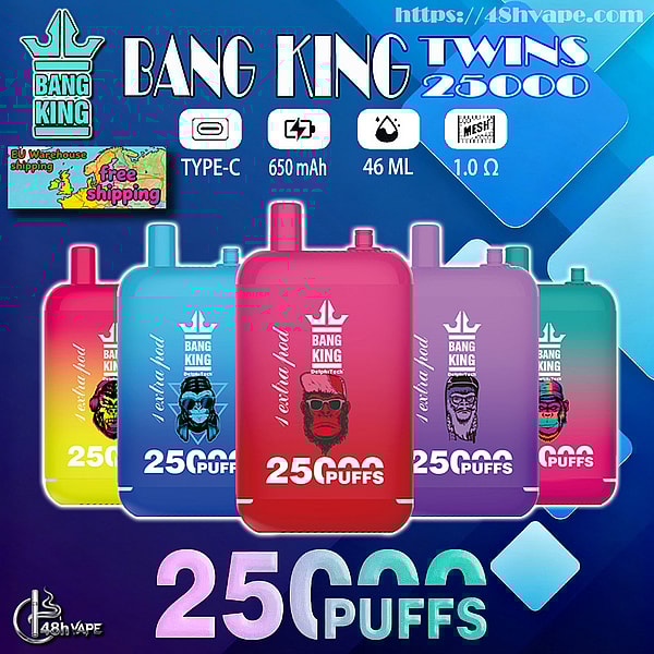 Colorful advertisement for Bang King Twins 25000 disposable vape pods showing five gradient-colored pods in a row, large text reading 'Bang King Twins 25000' and '25,000 puffs', icons indicating Type-C charging, 650 mAh battery, 46 ml e-liquid and 1.0 Ω mesh, plus a small 'EU warehouse free shipping' badge.