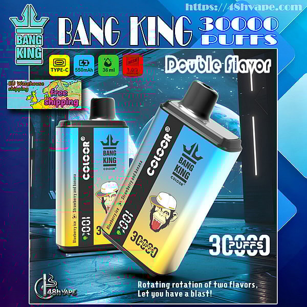 Promotional poster showing two blue-to-yellow gradient Bang King disposable vape devices with crown logo and monkey mascot, labeled 30,000 puffs and “double flavor,” surrounded by icons and text highlighting Type‑C charging, 550 mAh battery, 36 ml e‑liquid, 1.0Ω mesh coil, EU free shipping and a website link.