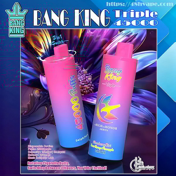 Deux appareils de vapotage jetables à dégradé rose à bleu étiquetés Bang King Triple 45000 affichés sur un fond floral violet et bleu vif avec des logos de marque et un texte promotionnel indiquant 45 000 bouffées et un interrupteur 3-en-1.