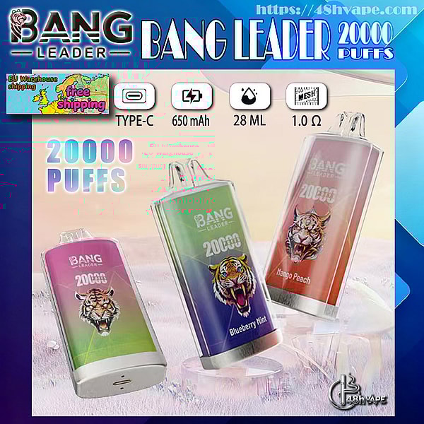 Three colorful Bang Leader disposable vape devices with roaring tiger graphics and flavor labels (Blueberry Mint, Mango Peach and a pink variant), prominently advertising “20000 puffs” alongside icons for Type‑C charging, 650 mAh battery, 28 ml e‑liquid capacity and 1.0 Ω mesh coil.