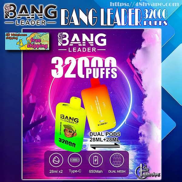 Colorful advertisement for Bang Leader disposable vape showing two gradient-colored devices, large '32000 puffs' text, 'Dual Pods 28ML+28ML' label and icons for 28ml x2, Type-C, 650mAh and Dual Mesh, with the brand logo and a small 'free shipping' EU map in the corner.