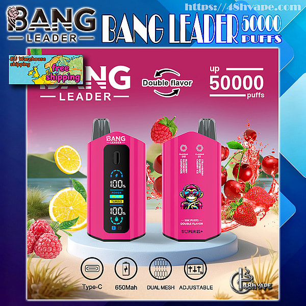 Colorful advertisement showing two pink Bang Leader vape devices (front and back) on a pedestal with fruit imagery (lemons, raspberries, cherries, strawberries), text noting double flavor and up to 50,000 puffs, and icons for Type-C charging, 650mAh battery, dual mesh, and adjustable settings.