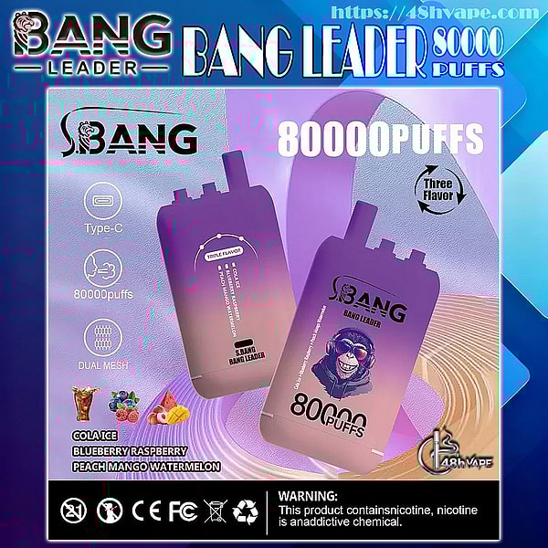Advertisement showing two purple-to-pink gradient disposable vape devices labeled “S.BANG Bang Leader” and “80,000 PUFFS,” with icons for Type‑C charging, 80,000 puffs, dual mesh and a “three flavor” badge, plus small fruit images and flavor names (cola ice, blueberry raspberry, peach mango watermelon).