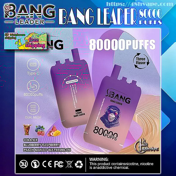 Advertisement showing two purple-gradient Bang Leader disposable vape devices labeled 80,000 puffs with a stylized monkey logo, icons for Type-C charging and dual mesh, listed flavors (cola ice, blueberry raspberry, peach mango watermelon), an EU free-shipping badge, and a nicotine warning bar at the bottom.