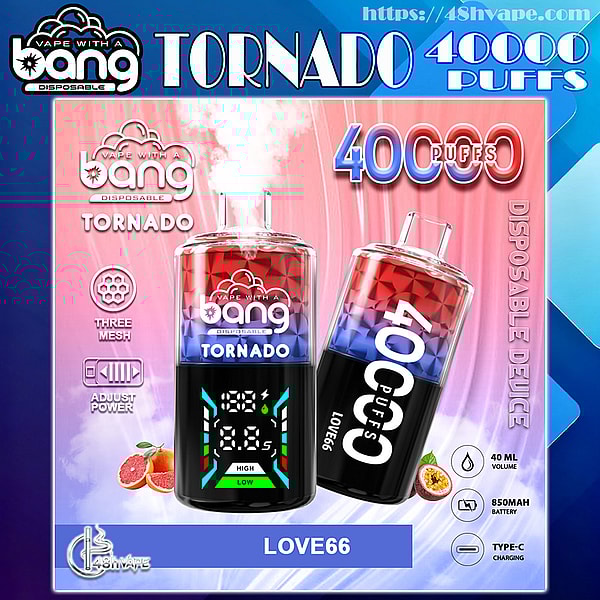 Anuncio que muestra dos dispositivos de vapeo desechables Bang Tornado en un gradiente de rojo a azul con la etiqueta 40,000 inhalaciones y LOVE66, uno vertical con una pantalla de energía digital y el otro inclinado, con íconos para un volumen de 40 ml, batería de 850 mAh, carga tipo C, tres mallas y potencia ajustable, además de pequeñas ilustraciones de pomelo y maracuyá sobre un fondo degradado azul-rosa.