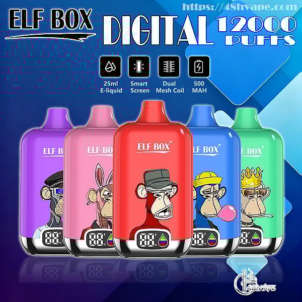 Row of five colorful ELF BOX digital disposable vape devices (purple, pink, red, blue, green) each bearing stylized ape illustrations and a small digital display at the base, set against a blue geometric background with prominent text reading DIGITAL 12000 PUFFS and icons noting 25ml e-liquid, smart screen, dual mesh coil, and 500 mAh.